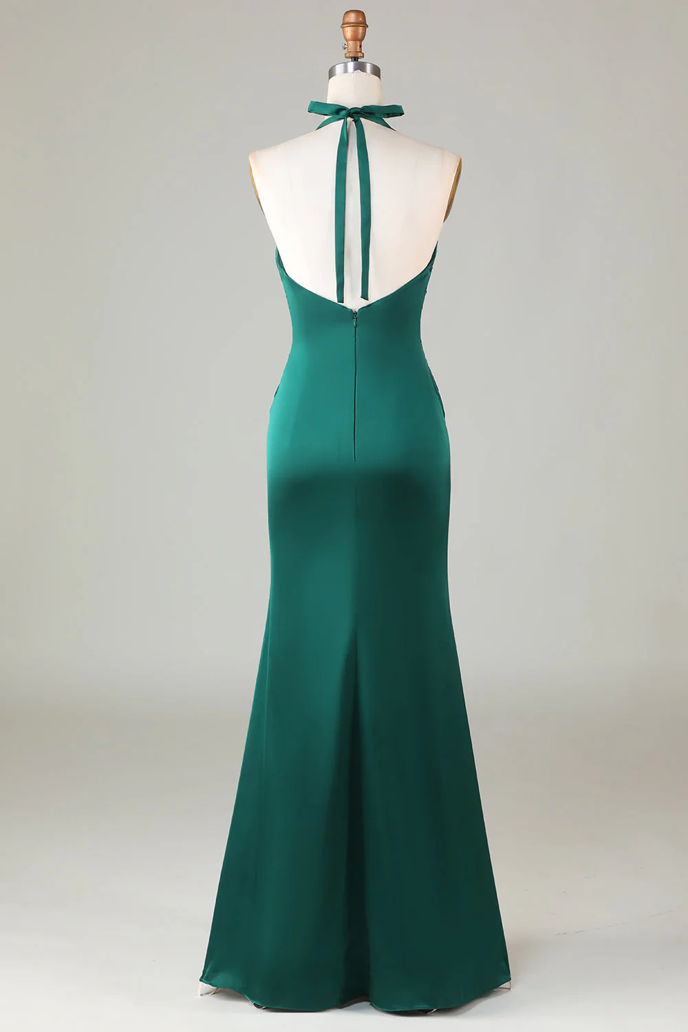 Robe de demoiselle d’honneur longue en satin froncé sirène sirène vert foncé - Image 4