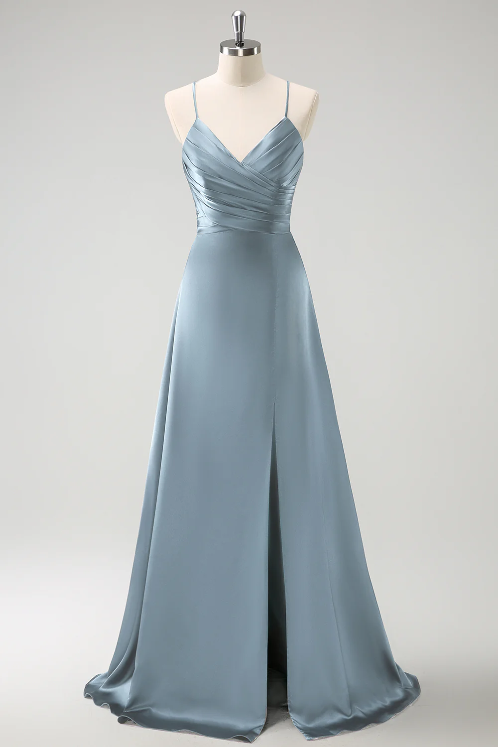 Robe de demoiselle d’honneur longue en satin froncé trapèze froncé dans le dos - Image 13