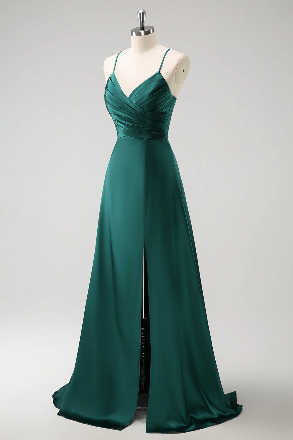 Robe de demoiselle d’honneur longue en satin froncé trapèze froncé dans le dos - Image 3