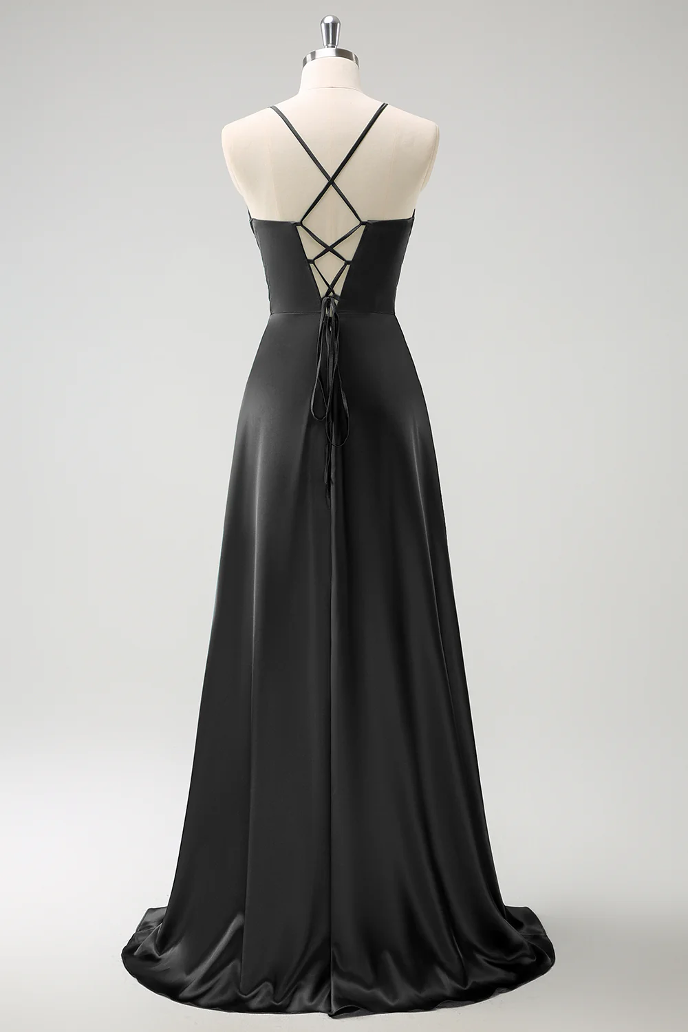 Robe de demoiselle d’honneur longue en satin froncé trapèze froncé dans le dos - Image 8