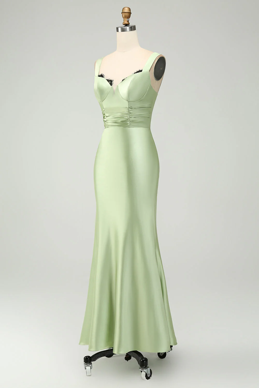 Robe de demoiselle d’honneur longue en satin vert avec dentelle de cils - Image 3