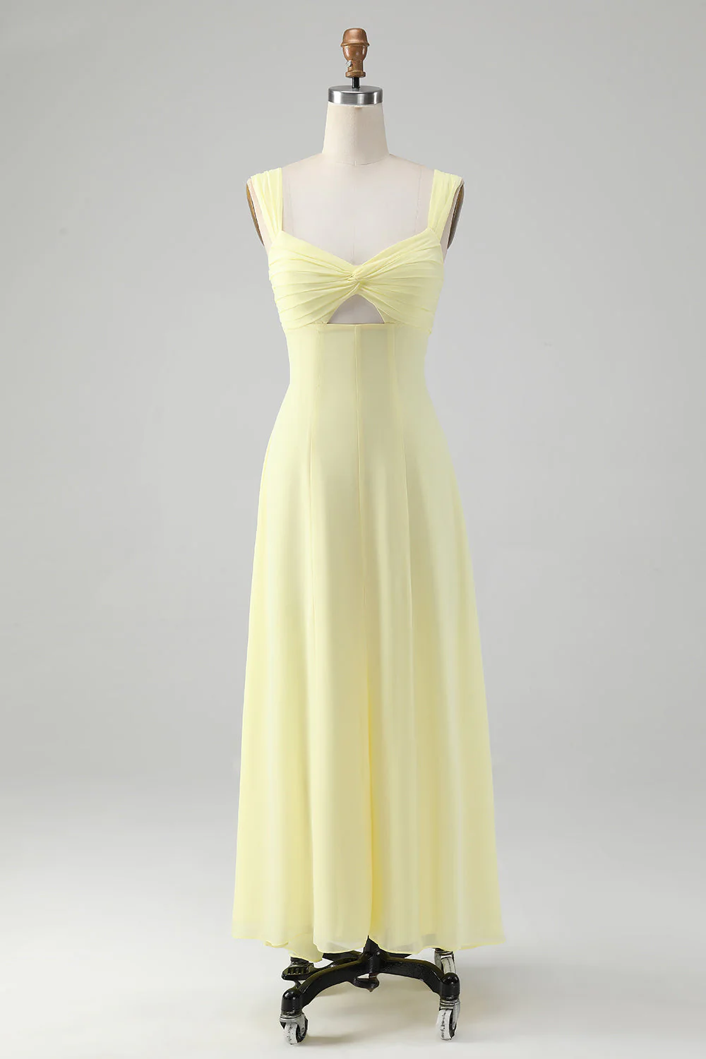 Robe de demoiselle d’honneur longue en trou de serrure jaune citron avec fente - Image 3