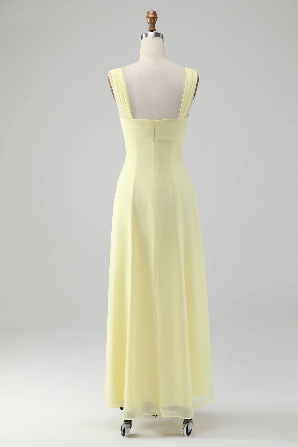 Robe de demoiselle d’honneur longue en trou de serrure jaune citron avec fente - Image 4