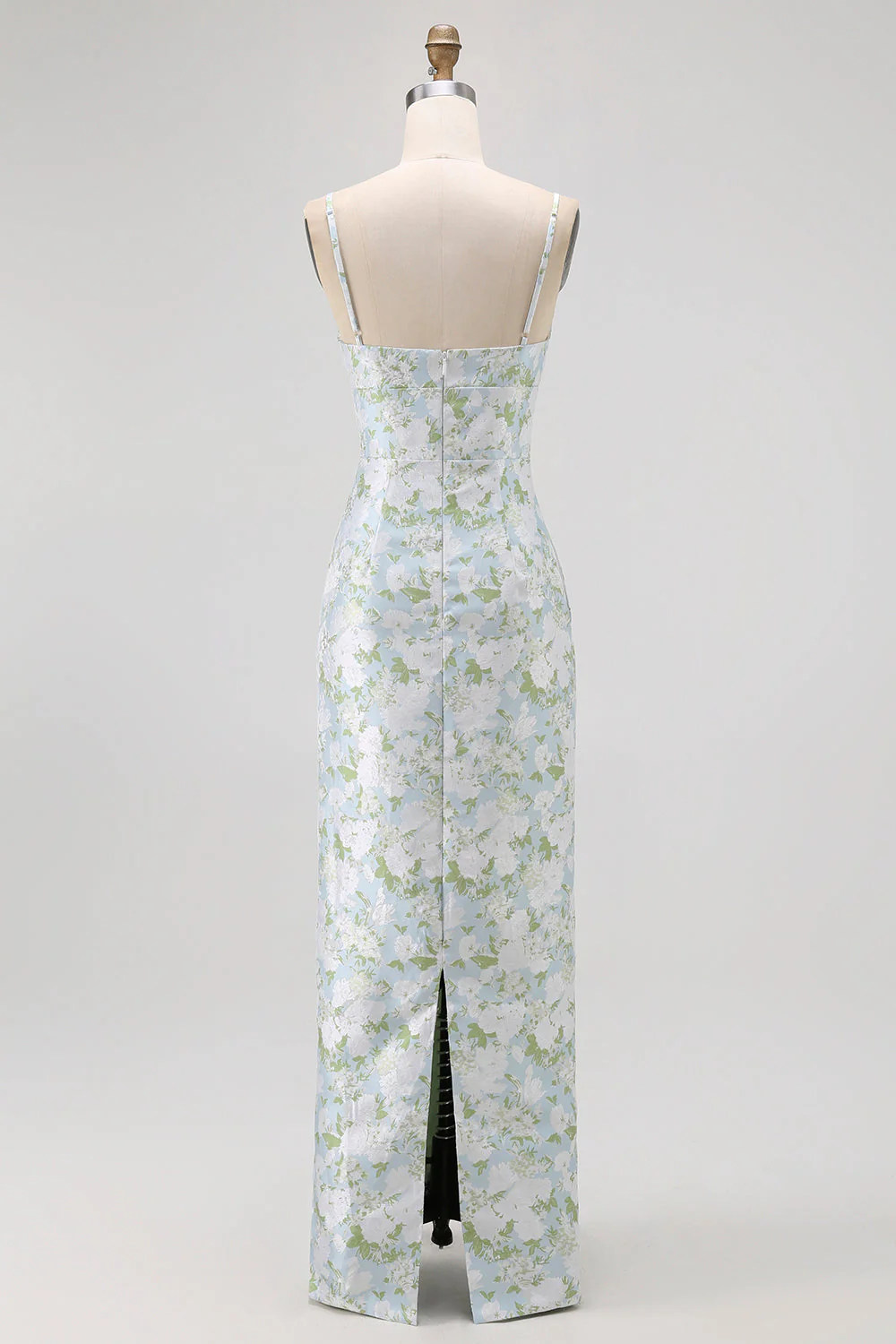 Robe de demoiselle d’honneur longue florale florale pastel bleu à bretelles spaghetti satin avec poches - Image 2