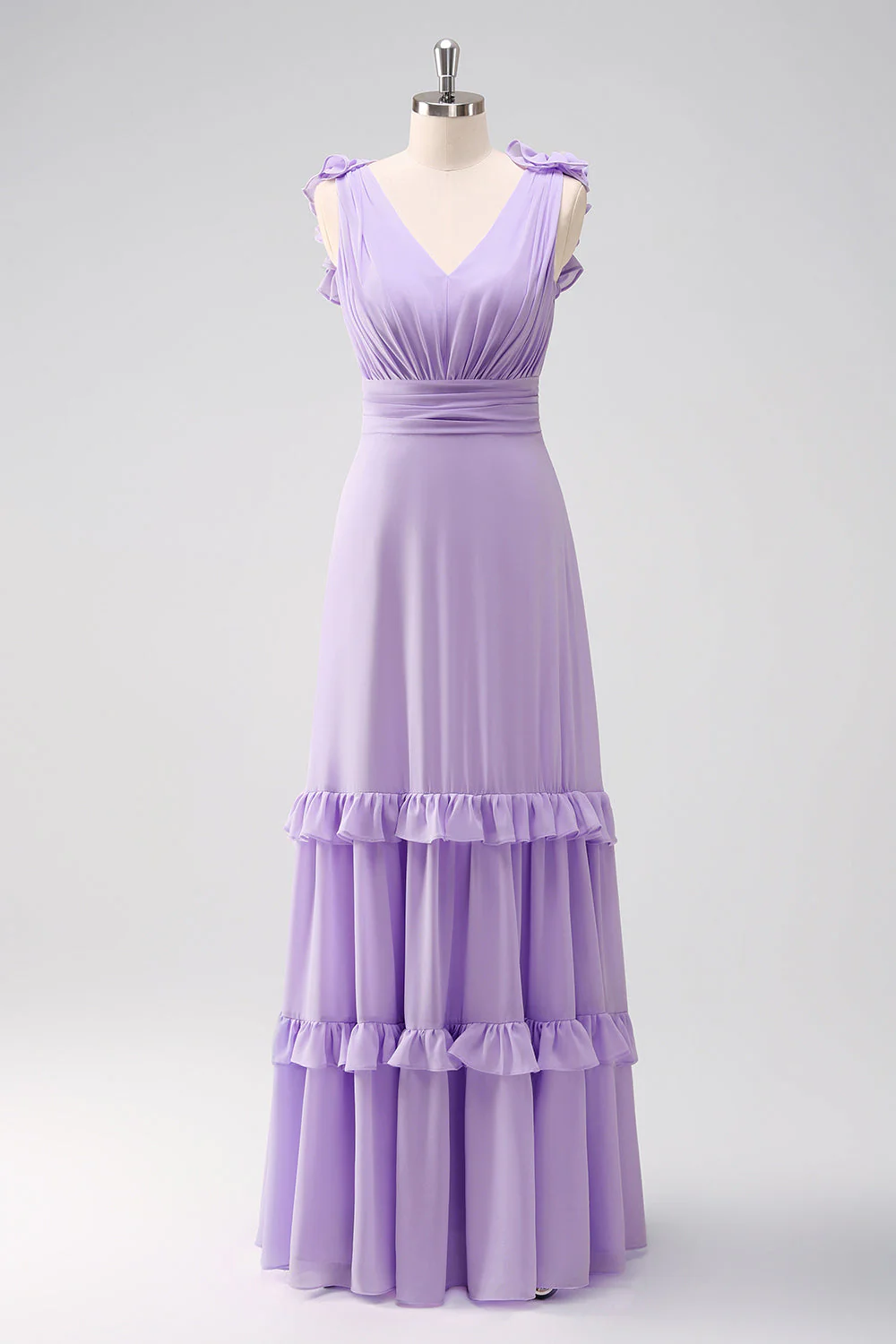 Robe de demoiselle d’honneur longue froncée en mousseline de soie lilas avec volants - Image 9