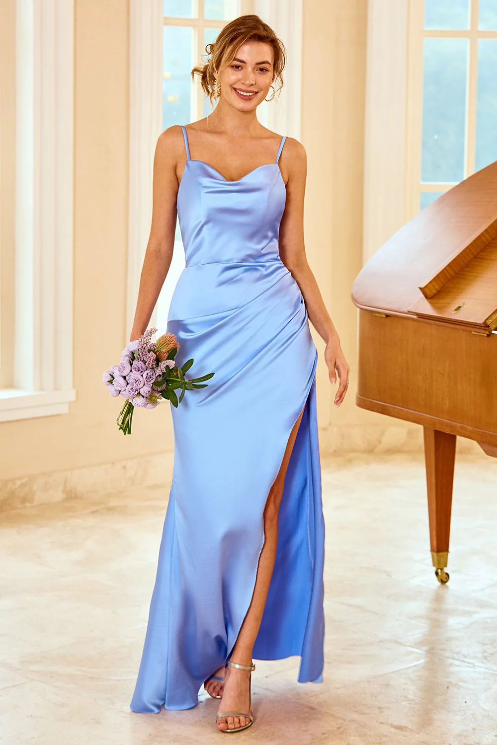 Robe de demoiselle d’honneur longue gaine pêche avec fente - Image 10