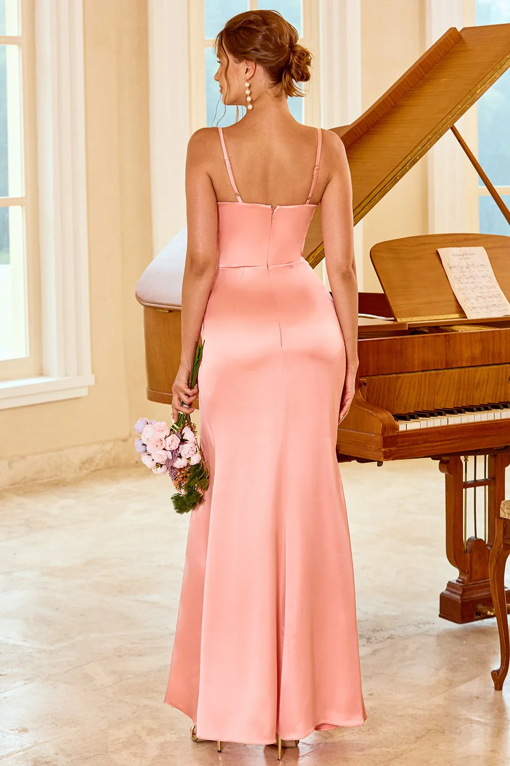 Robe de demoiselle d’honneur longue gaine pêche avec fente - Image 3