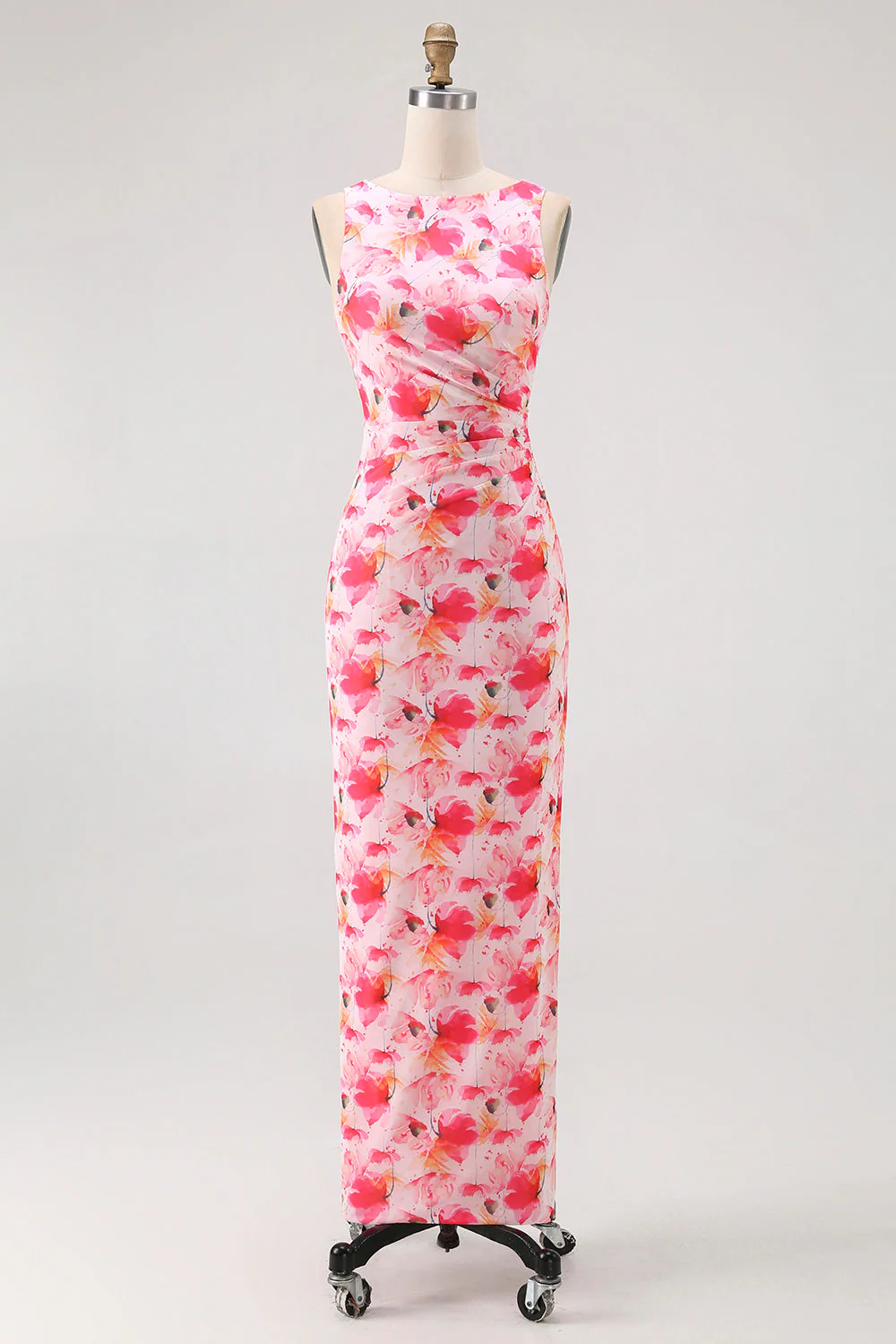 Robe de demoiselle d’honneur longue imprimée à col bateau gaine florale rose