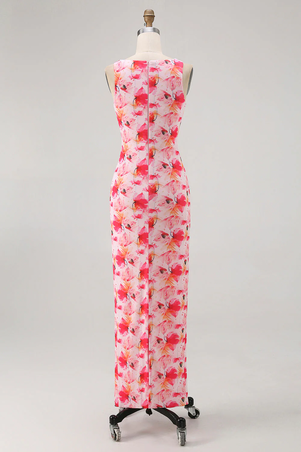 Robe de demoiselle d’honneur longue imprimée à col bateau gaine florale rose - Image 2