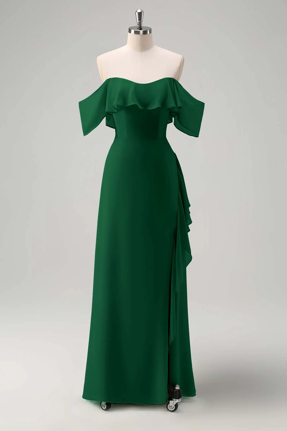 Robe de demoiselle d’honneur longue sirène vert clair à épaules dénudées avec fente à volants - Image 11