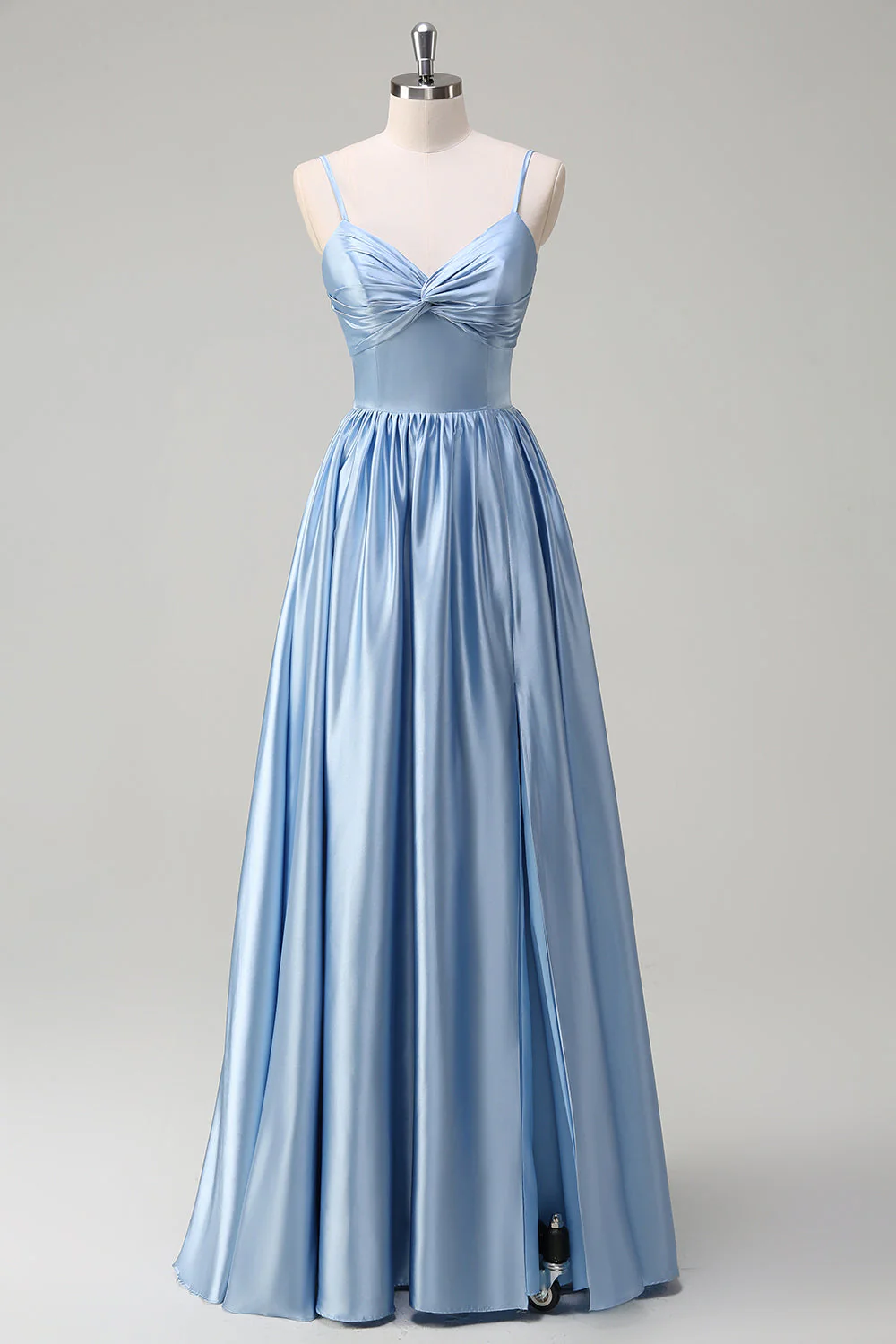 Robe de demoiselle d’honneur longue trapèze à bretelles spaghetti bleu ciel