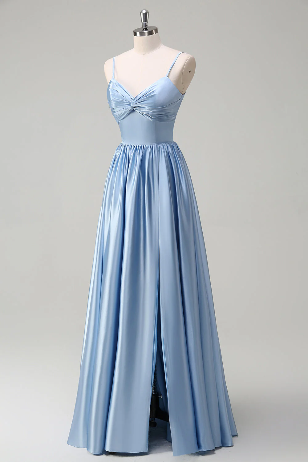 Robe de demoiselle d’honneur longue trapèze à bretelles spaghetti bleu ciel - Image 3