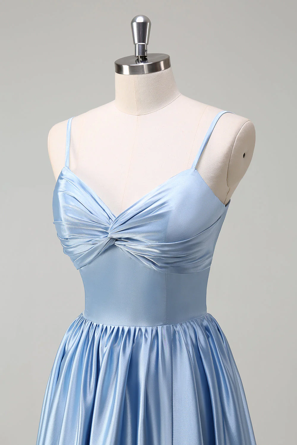 Robe de demoiselle d’honneur longue trapèze à bretelles spaghetti bleu ciel - Image 6