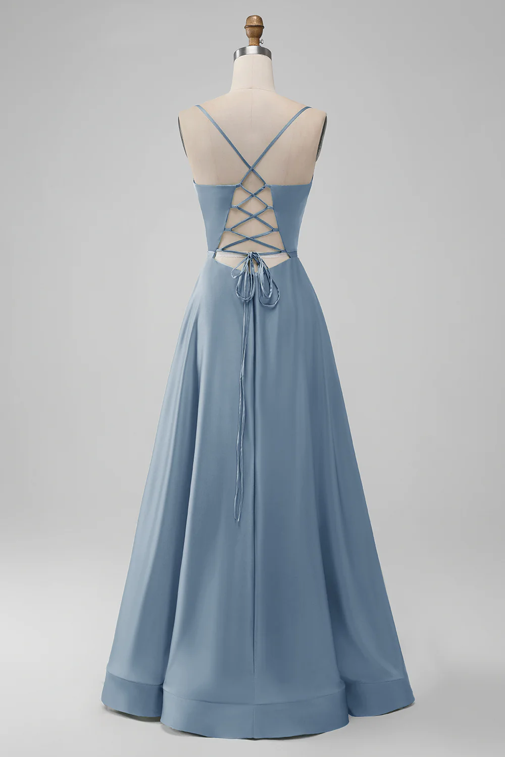 Robe de demoiselle d’honneur longue trapèze à col en V en satin bleu poussiéreux - Image 2