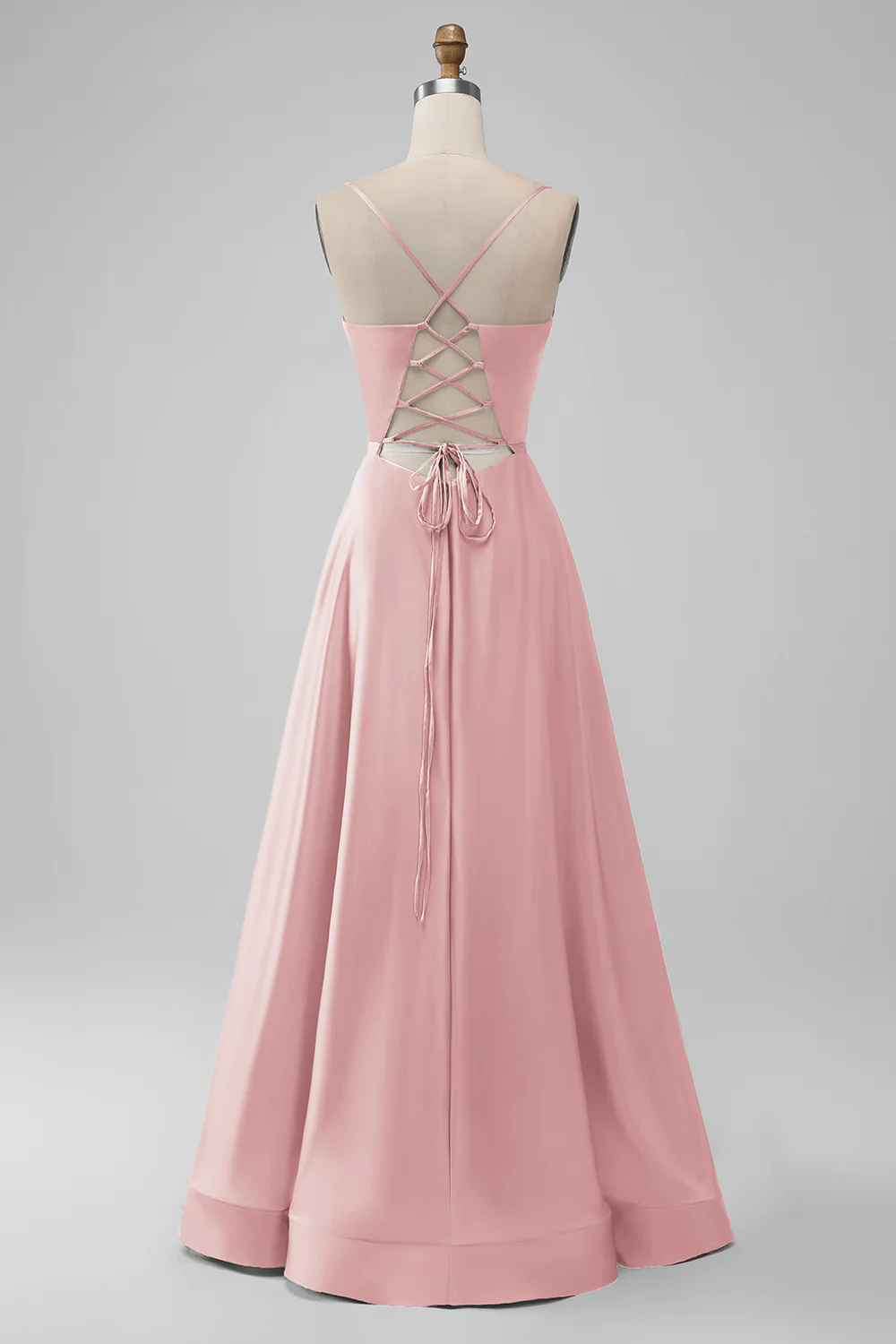 Robe de demoiselle d’honneur longue trapèze à col en V en satin bleu poussiéreux - Image 4