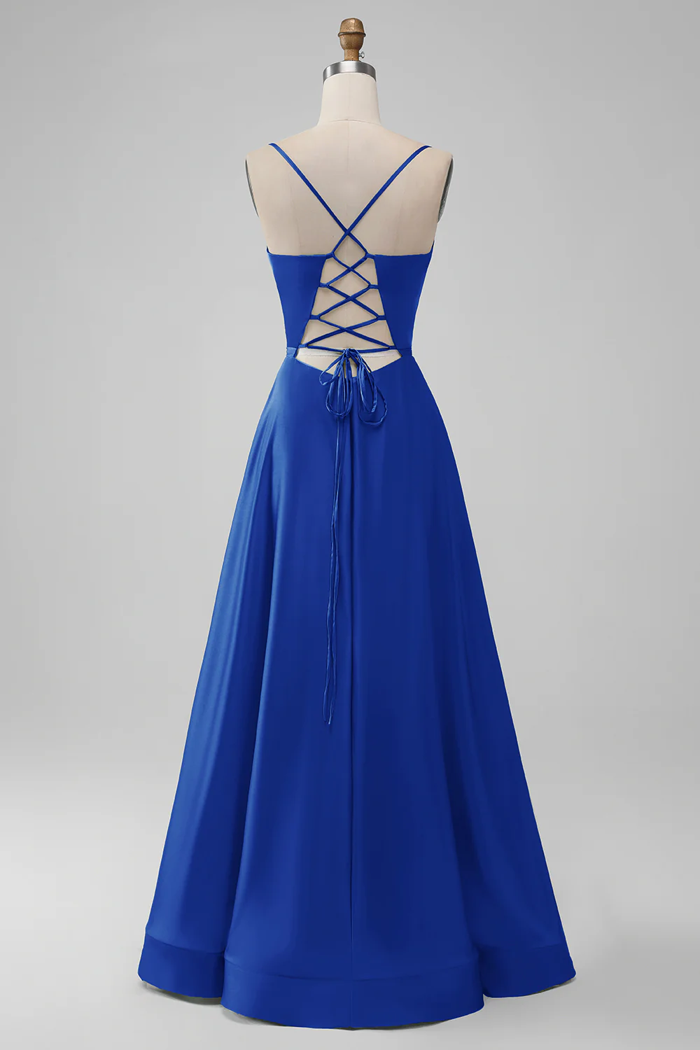 Robe de demoiselle d’honneur longue trapèze à col en V en satin bleu poussiéreux - Image 8