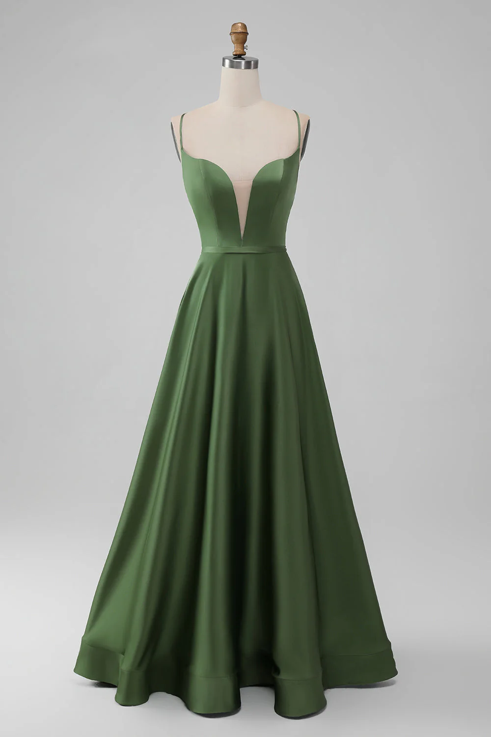 Robe de demoiselle d’honneur longue trapèze à col en V en satin vert