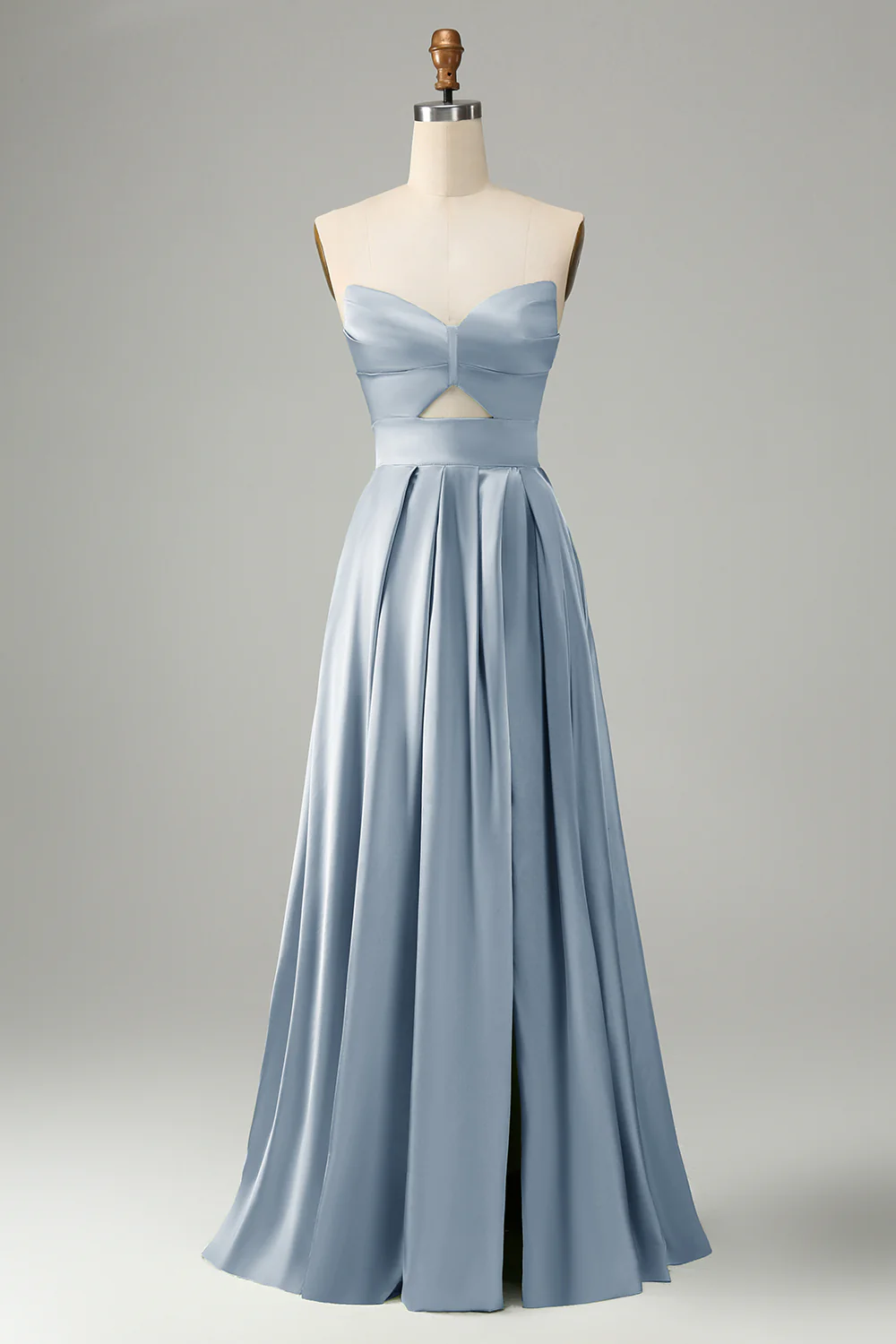 Robe de demoiselle d’honneur sans bretelles plissée bleu poussiéreux avec fente