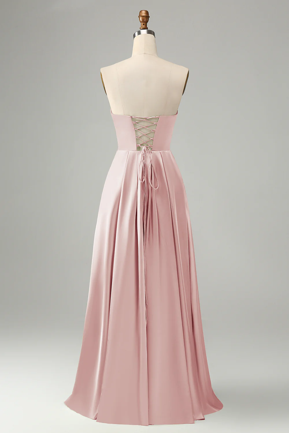 Robe de demoiselle d’honneur sans bretelles plissée bleu poussiéreux avec fente - Image 4