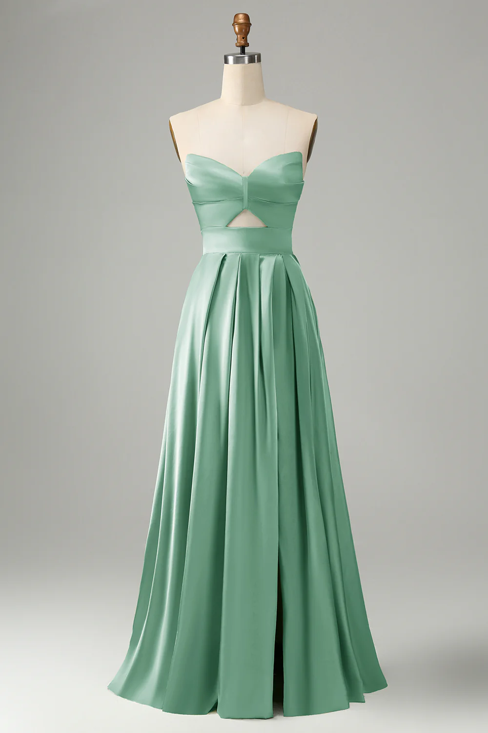 Robe de demoiselle d’honneur sans bretelles plissée bleu poussiéreux avec fente - Image 5