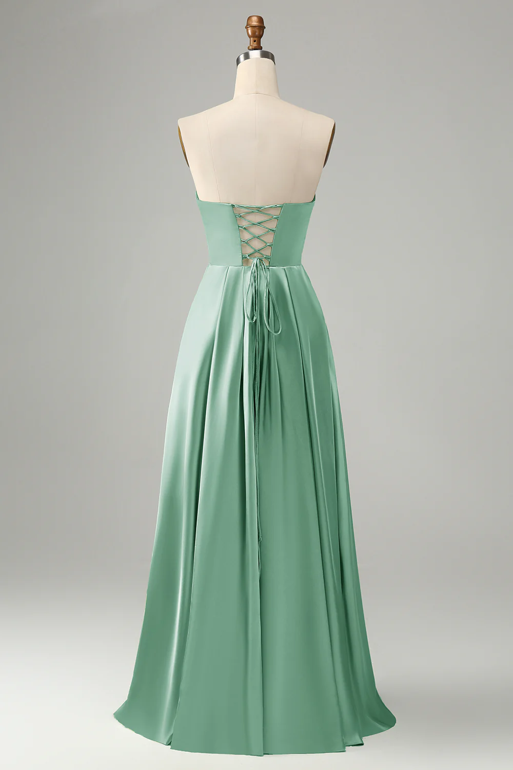Robe de demoiselle d’honneur sans bretelles plissée bleu poussiéreux avec fente - Image 6