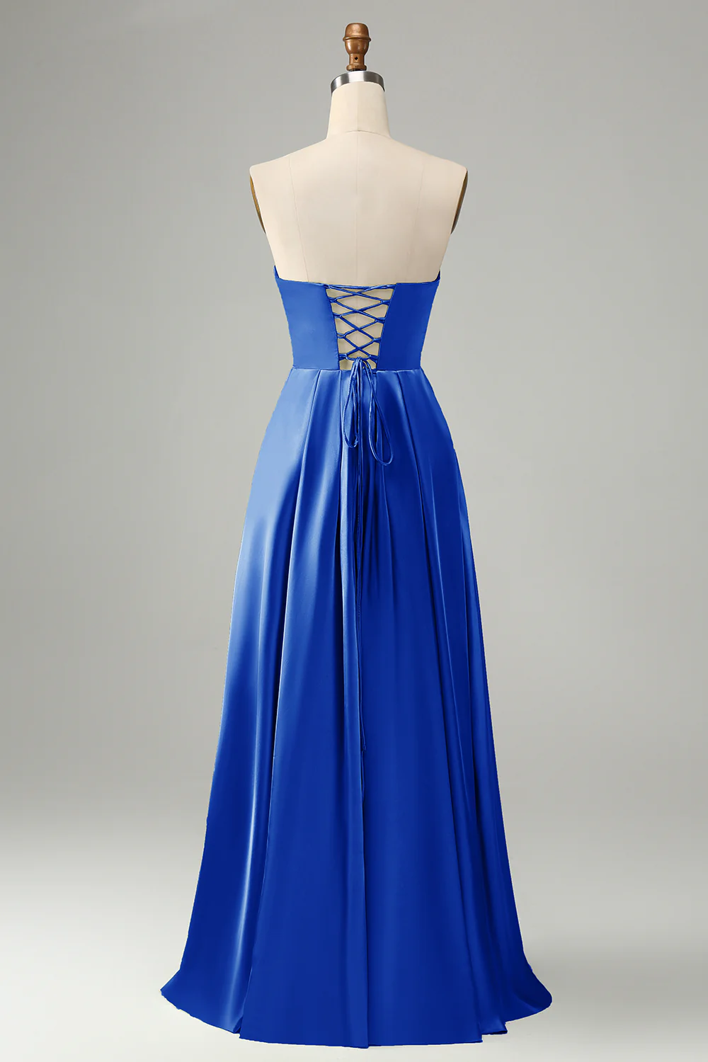 Robe de demoiselle d’honneur sans bretelles plissée bleu poussiéreux avec fente - Image 8
