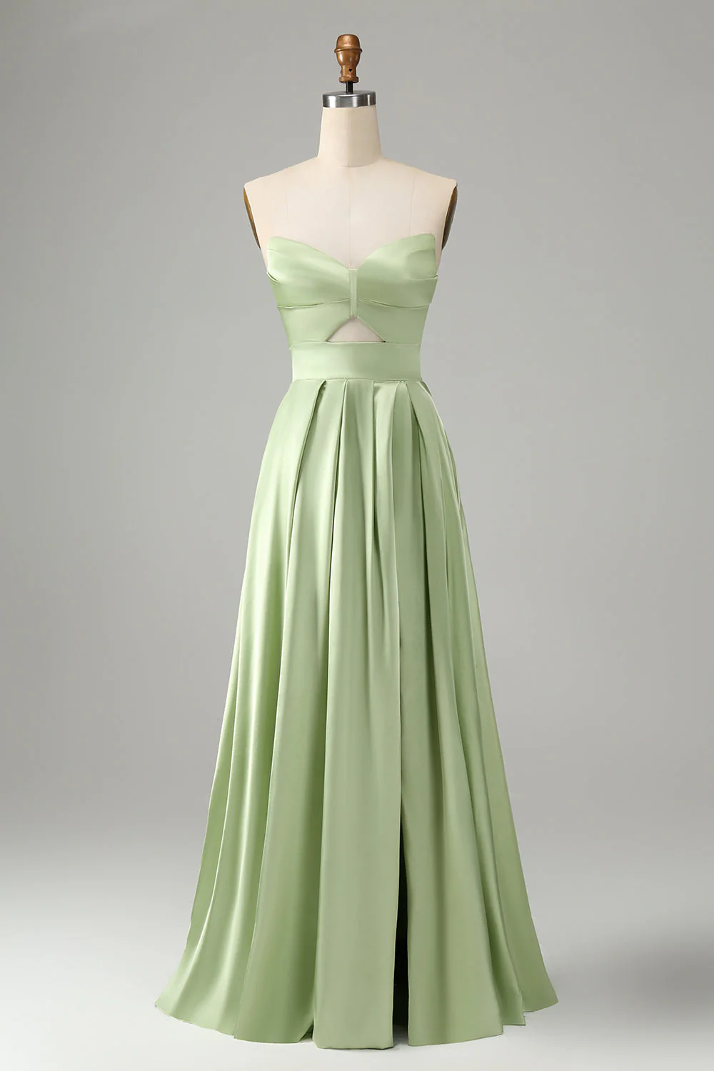 Robe de demoiselle d’honneur sans bretelles plissée verte avec fente