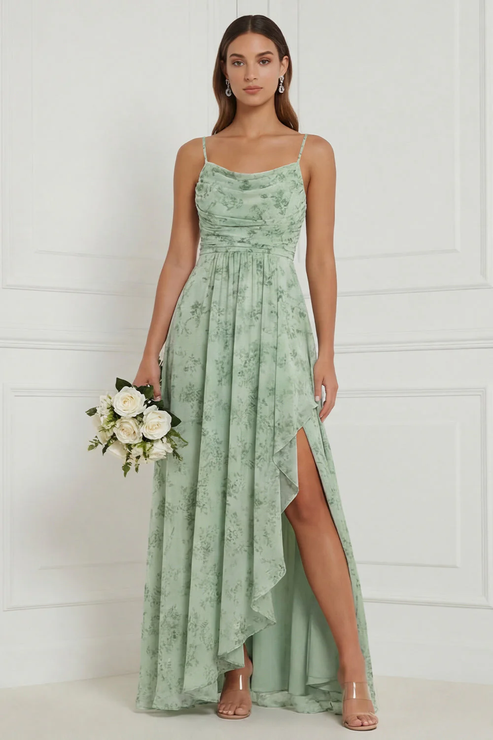 Robe de demoiselle d’honneur sauge poussiéreuse en ligne A à fleurs, fendue