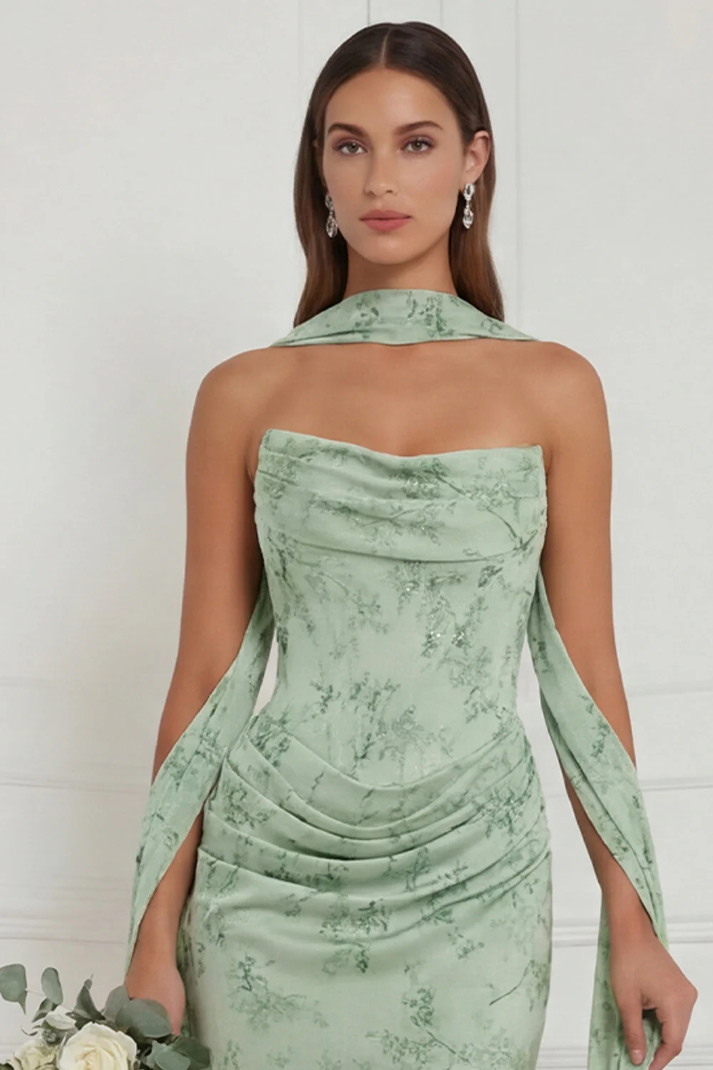 Robe de demoiselle d’honneur sauge poussiéreuse florale sans bustiers avec écharpe - Image 3