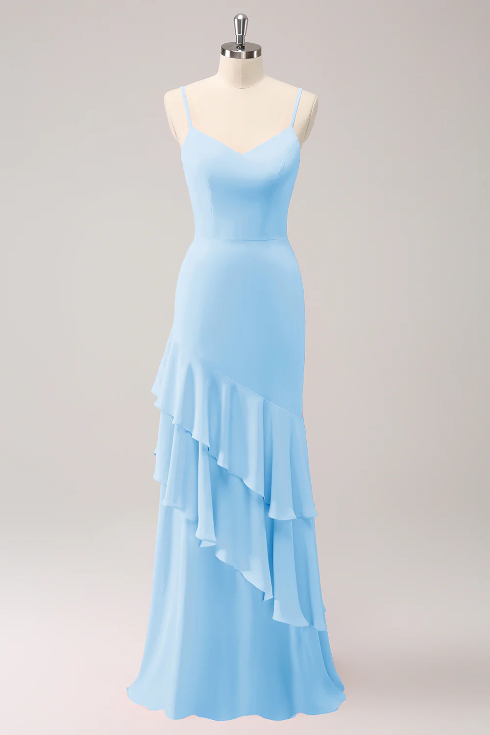 Robe de demoiselle d’honneur sirène à bretelles spaghetti Lilas avec volants - Image 11
