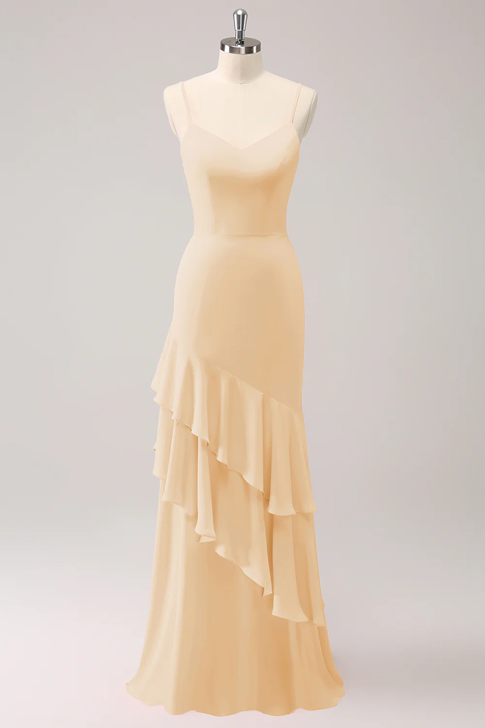 Robe de demoiselle d’honneur sirène à bretelles spaghetti roses avec volants - Image 10