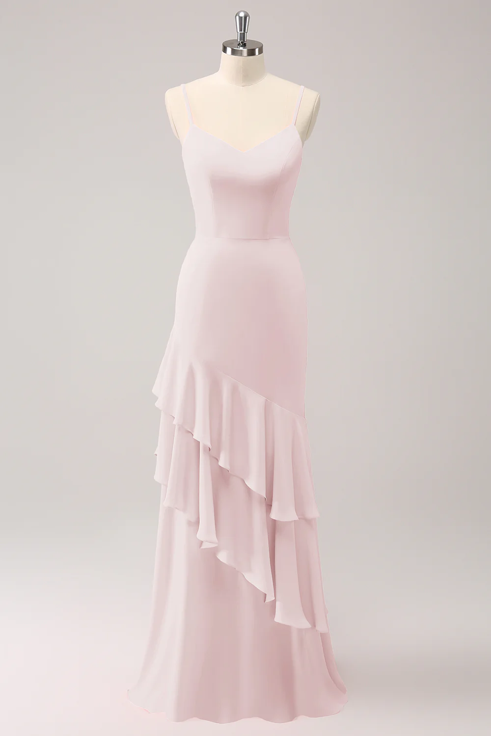 Robe de demoiselle d’honneur sirène à bretelles spaghetti roses avec volants - Image 14