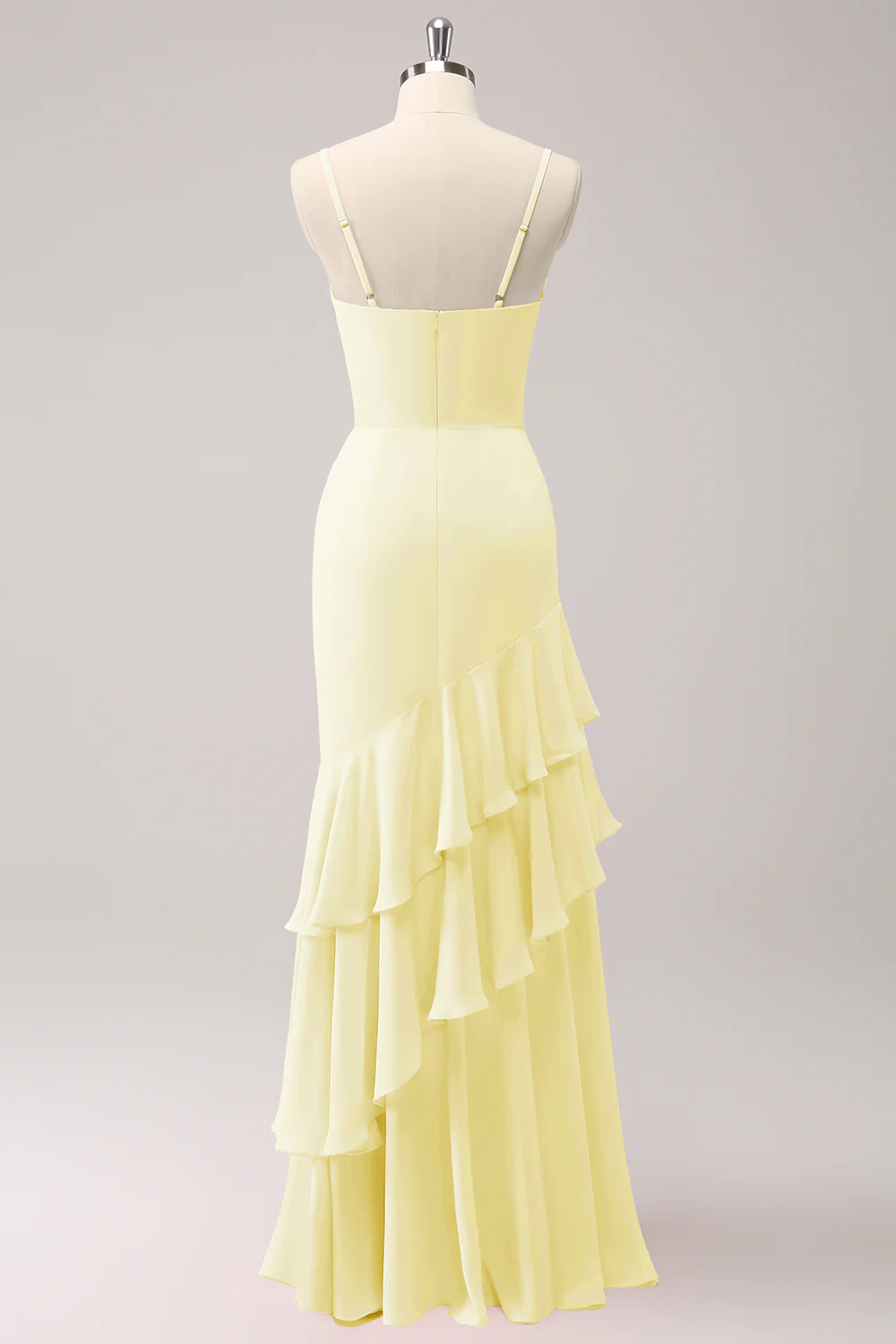 Robe de demoiselle d’honneur sirène à bretelles spaghetti roses avec volants - Image 19