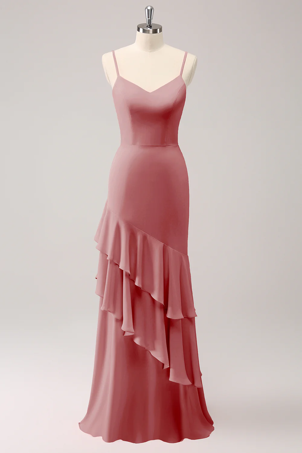 Robe de demoiselle d’honneur sirène à bretelles spaghetti roses avec volants - Image 20