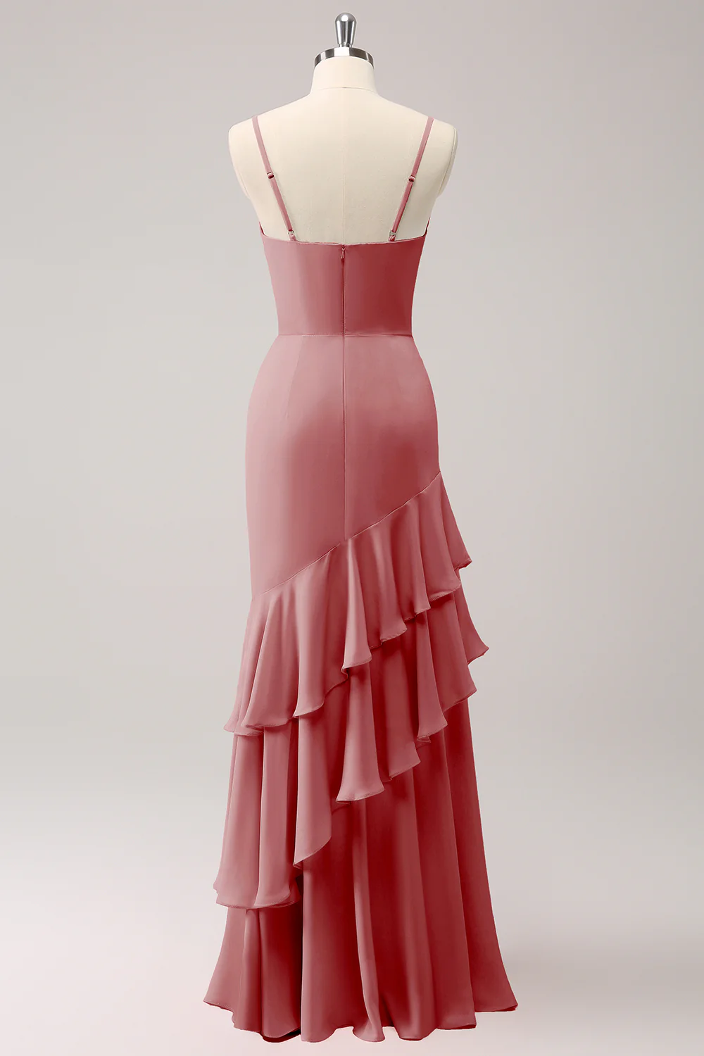 Robe de demoiselle d’honneur sirène à bretelles spaghetti roses avec volants - Image 21