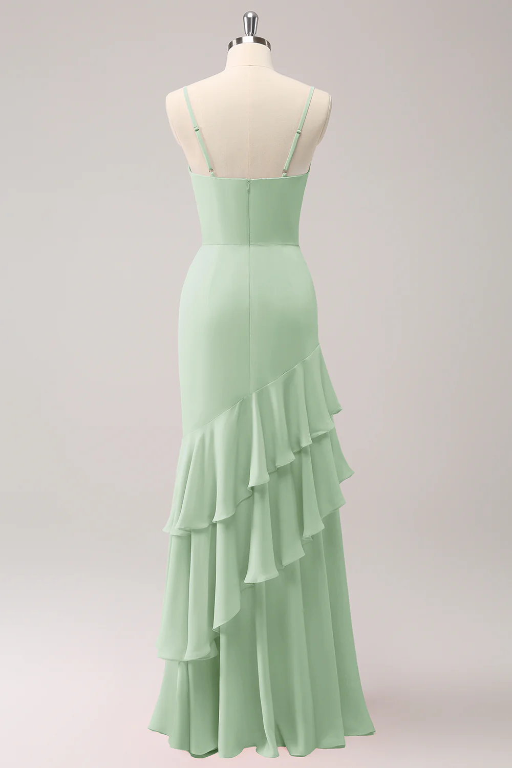 Robe de demoiselle d’honneur sirène à bretelles spaghetti roses avec volants - Image 23