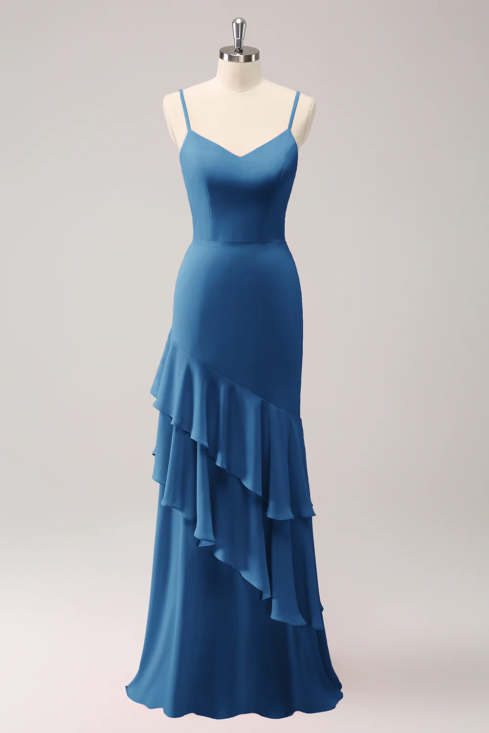 Robe de demoiselle d’honneur sirène à bretelles spaghetti roses avec volants - Image 24