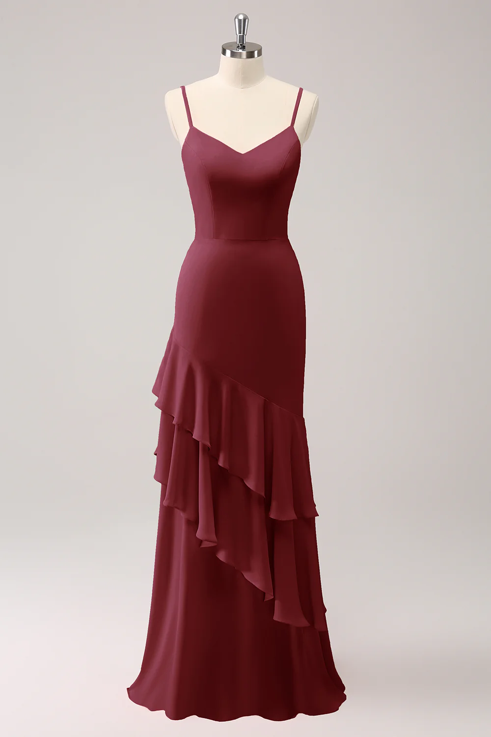 Robe de demoiselle d’honneur sirène à bretelles spaghetti roses avec volants - Image 6