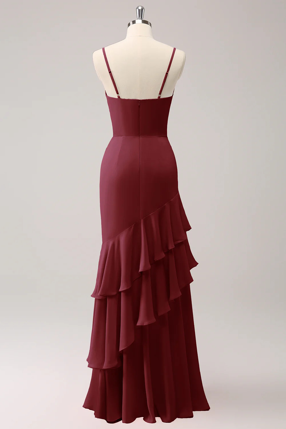Robe de demoiselle d’honneur sirène à bretelles spaghetti roses avec volants - Image 7