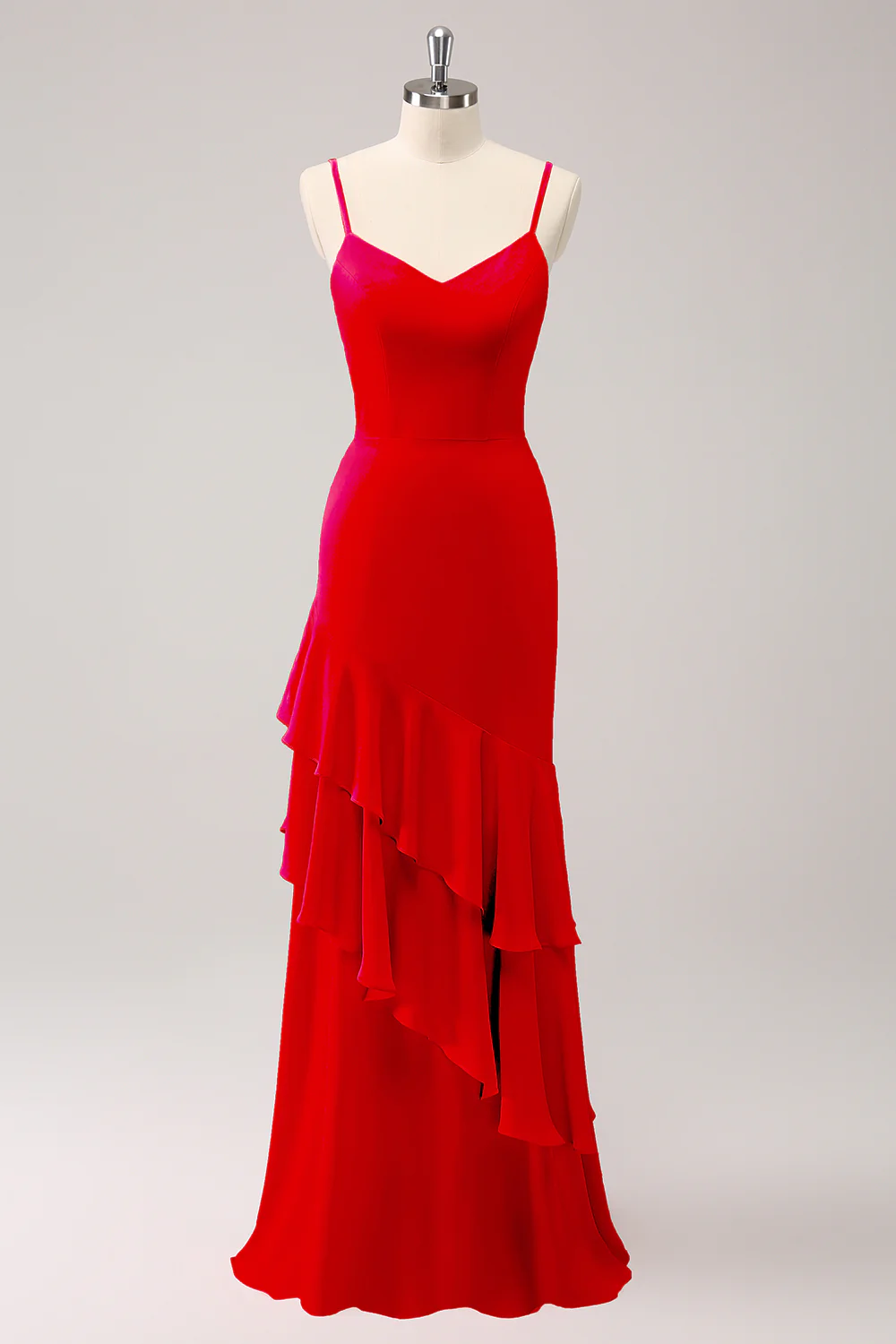 Robe de demoiselle d’honneur sirène à bretelles spaghetti roses avec volants - Image 8