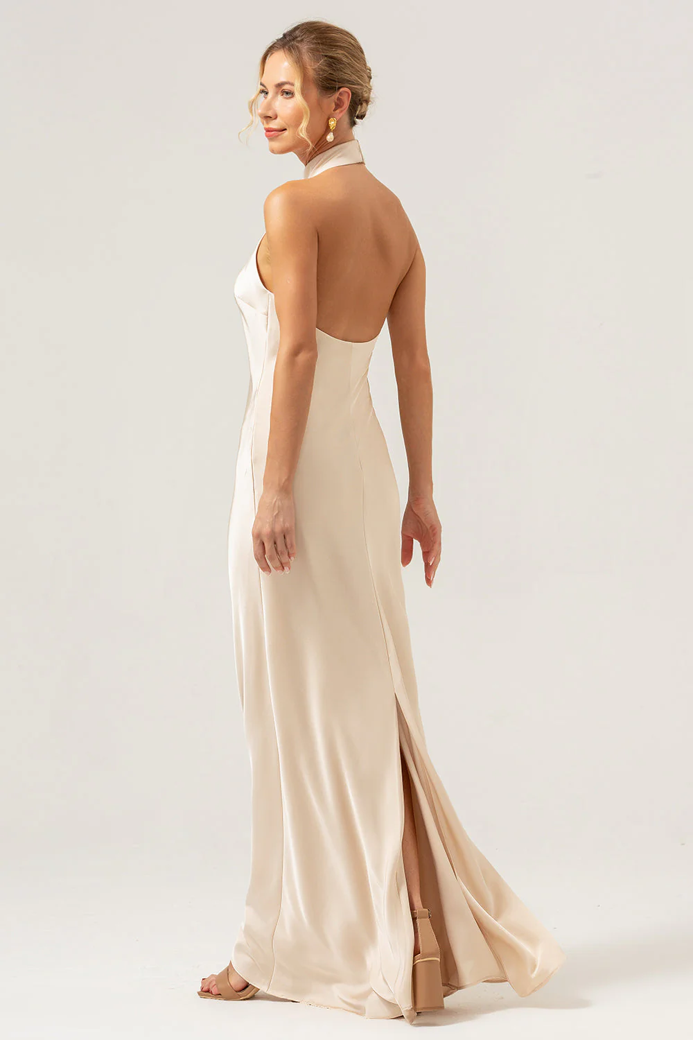 Robe de demoiselle d’honneur sirène dos nu champagne avec fente - Image 4