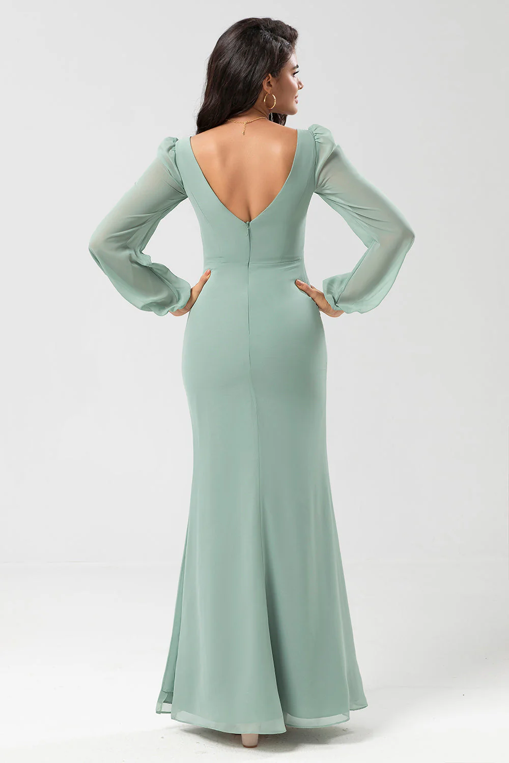 Robe de demoiselle d’honneur verte à manches longues avec fente - Image 2