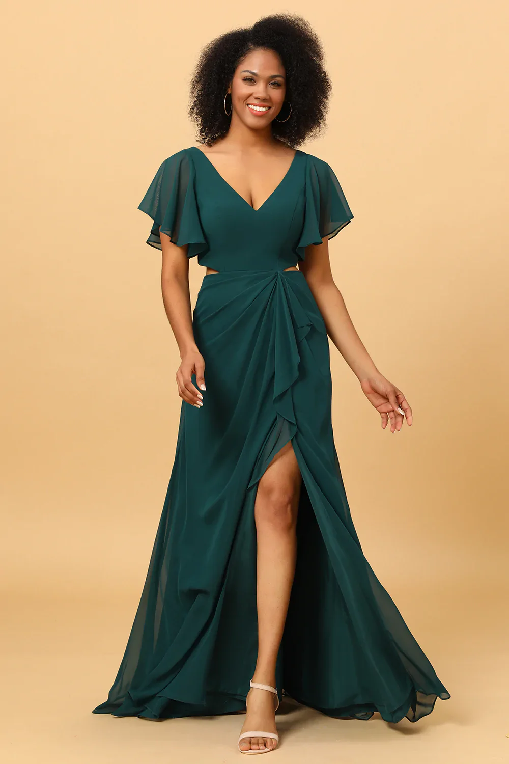 Robe de demoiselle d’honneur verte en mousseline de soie creuse avec manches à volants - Image 3