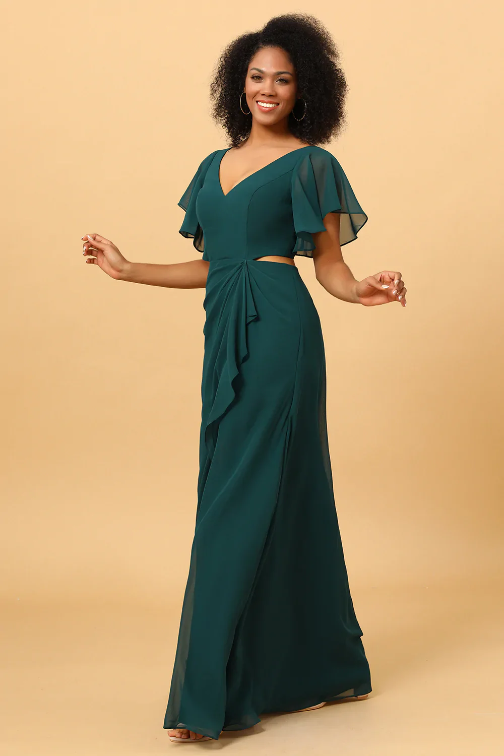 Robe de demoiselle d’honneur verte en mousseline de soie creuse avec manches à volants - Image 4