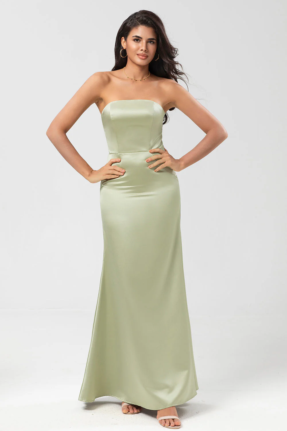 Robe de demoiselle d’honneur verte gaine de Satin sans bretelles - Image 5