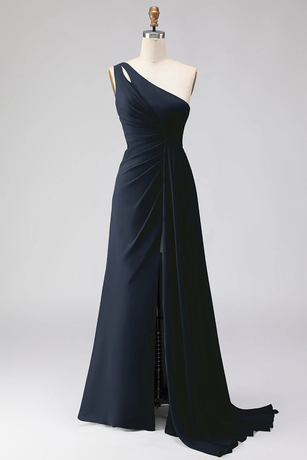 Robe de demoiselle d'honneur vert sauge à une épaule coupe trapèze et fente - Image 7
