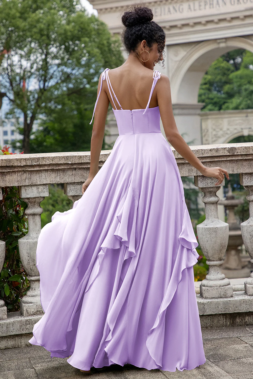 Robe de demoiselle d'honneur longue à bretelles spaghetti Eucalyptus avec volants - Image 8