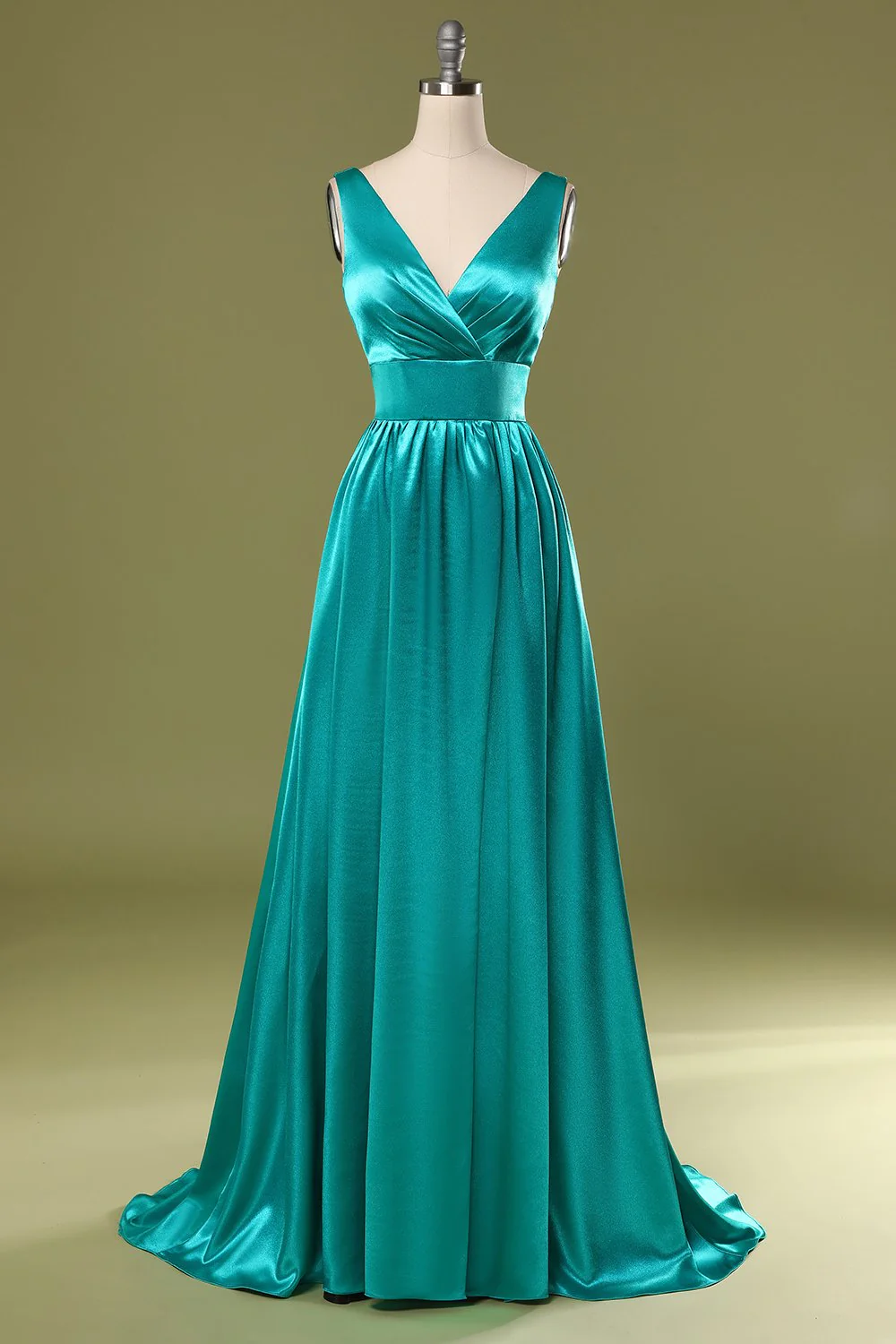 Robe de demoiselle d'honneur longue turquoise à col en V - Image 3