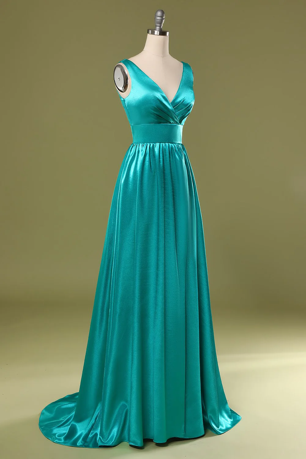 Robe de demoiselle d'honneur longue turquoise à col en V - Image 5