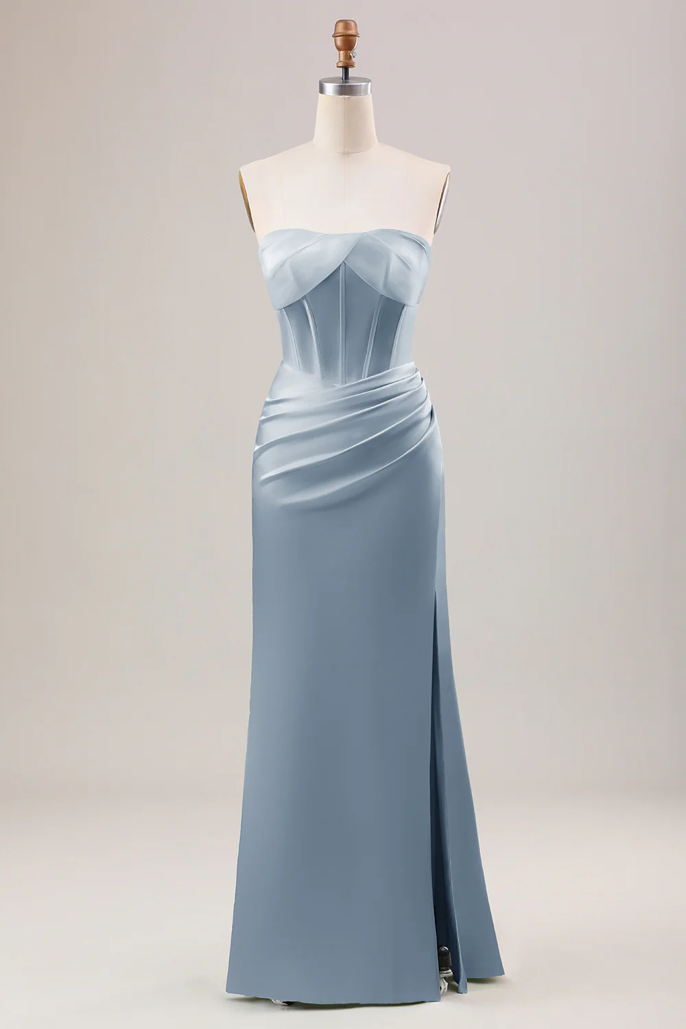 Robe de demoiselle d'honneur longue bustier bleu poussiéreux avec fente
